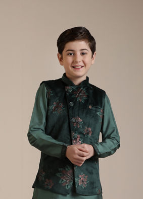 alt message - Manyavar Boys Boys Dark Green Floral Printed Angrakha Style Jacket Set image number 0
